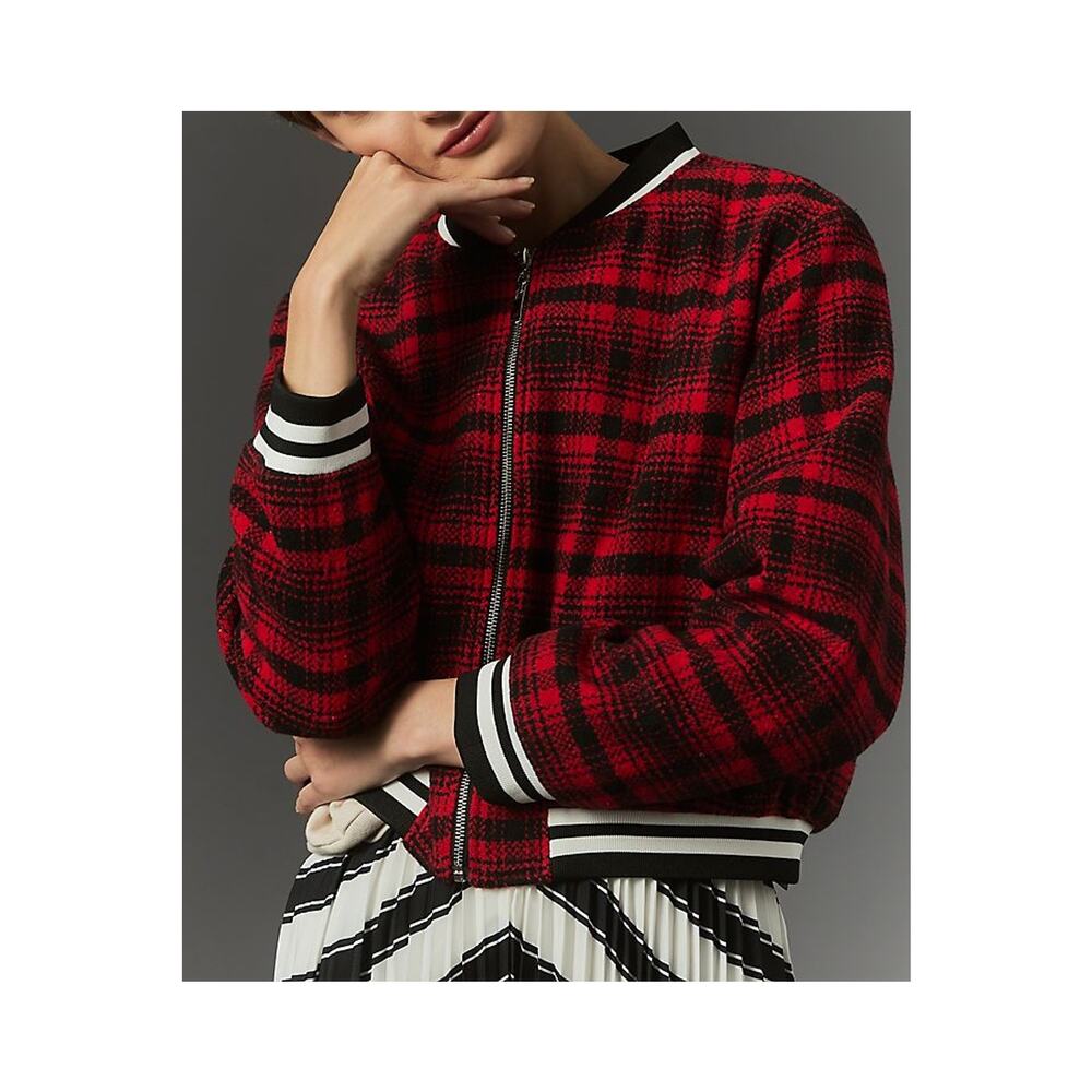 Anthropologie Maeve Plaid Tweed Sporty 'Bomber' Red Polyester Jacket Size S